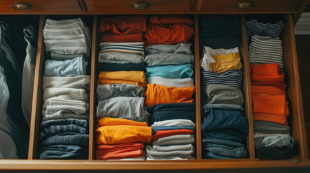 Top view of t-shirts, socks, and shorts in a well-organized drawer, no people, plenty of copy spaceの素材