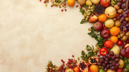 Fresh fruits and vegetables arranged neatly on a light background, with generous space for copy availableの素材