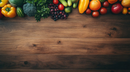 Fresh fruits and vegetables arranged neatly on a wooden surface, with open copy space above and belowの素材