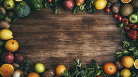 An overhead shot of vibrant fruits and vegetables scattered on a wooden surface, with ample room for copy spaceの素材
