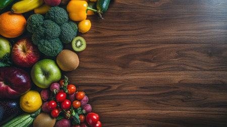 A top-down view of an assortment of fresh fruits and vegetables on a wooden surface, with clear copy space available aroundの素材