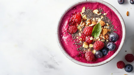 A bowl of berry smoothie topped with nuts and seeds, placed on a white background with space for text.の素材