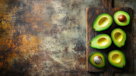 A close-up of a sliced avocado on a rustic wooden board, with copy space on the right side.の素材