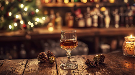 A classic German schnapps served in a small glass, set on a wooden bar with traditional decorations.の素材