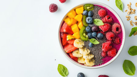 A colorful acai bowl topped with fresh fruits and seeds, placed on a white surface with room for copy.の素材
