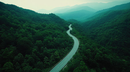 Aerial shot of a serpentine road in the mountains surrounded by dense forests. Perfect for nature and adventure imageryの素材