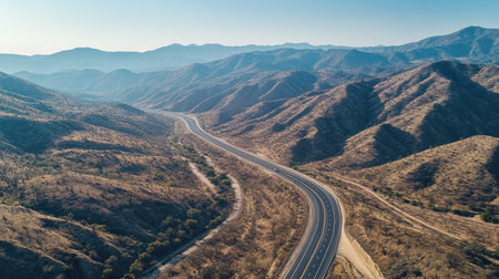 Aerial shot of a long road cutting through a mountain range with varying elevations and clear skies. Perfect for journey and travel contentの素材