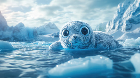 A seal with big eyes made of knitted fabric rests on an iceberg, surrounded by icy waters. Copy space available. No people.の素材