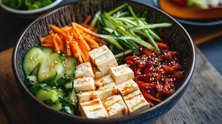 Delicious Korean cold tofu salad with fresh vegetables and spicy dressing. Ideal for light meal ideasの素材