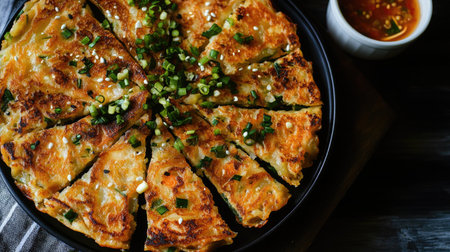 Delicious Korean seafood pancakes (haemul pajeon) with scallions and dipping sauce. Perfect for savory recipesの素材