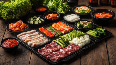 Delicious Korean barbecue with a variety of meats and vegetables. Perfect for dining guides and menusの素材