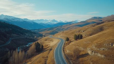 Aerial shot of a road cutting through a mountain pass with expansive views. Perfect for scenic and exploration contentの素材