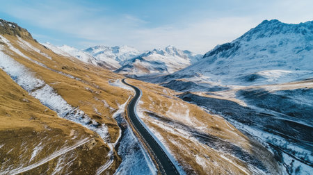 Aerial shot of a road winding through high-altitude terrain with snow-capped peaks. Perfect for winter travel and outdoor themesの素材