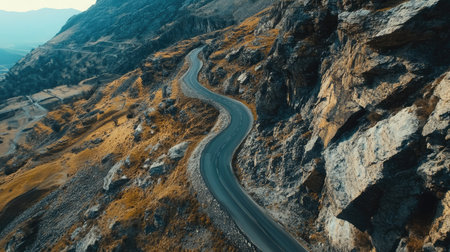 Aerial perspective of a mountain pass with a narrow road winding through rocky terrain. Ideal for road trip and exploration themesの素材