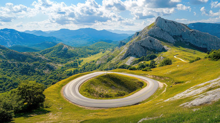 Scenic mountain road with sweeping curves and vast open spaces. Perfect for journey and travel guidesの素材