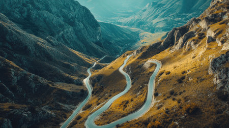 Top view of a serpentine road cutting through a rugged mountain landscape with open valleys. Ideal for adventure and nature themesの素材