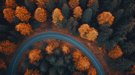 Top view of a remote mountain road cutting through autumn-colored forests. Great for seasonal and adventure contentの素材
