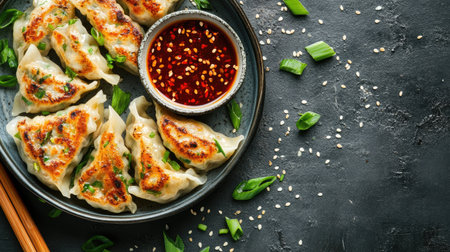 Top view of Korean vegetable dumplings (yachae mandu) with dipping sauce. Great for healthy meal ideasの素材