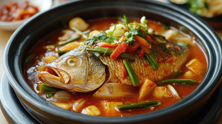 Korean braised fish (meunjang) with vegetables and spicy sauce. Ideal for seafood dishes and culinary postsの素材
