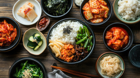 Traditional Korean rice with vegetable side dishes (banchan) on a wooden table. Great for cultural food contentの素材