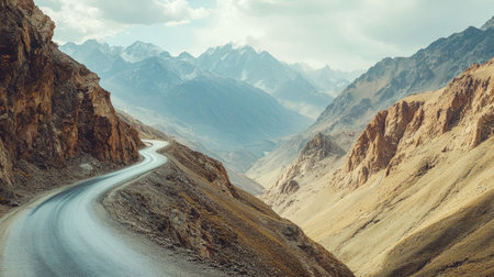 Scenic mountain road with dramatic curves and towering peaks. Great for travel guides and exploration contentの素材