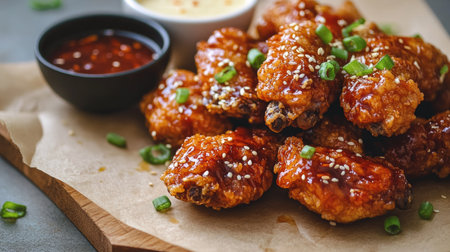 Korean-style fried chicken with crispy coating and dipping sauces. Great for restaurant menus and adsの素材