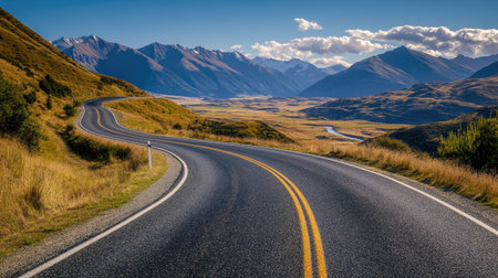 Scenic mountain road with sweeping curves and distant peaks, surrounded by open space. Great for travel and outdoor contentの素材