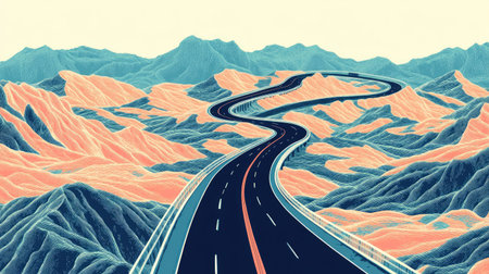 Top view of a highway meandering through rolling hills and mountains. Ideal for road trip and exploration themesの素材