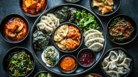 Top view of Korean dumplings (mandu) with a variety of fillings and dipping sauce. Great for recipe sharesの素材