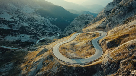 Top view of a serpentine road through rugged mountain landscape with open spaces. Ideal for adventure and nature contentの素材