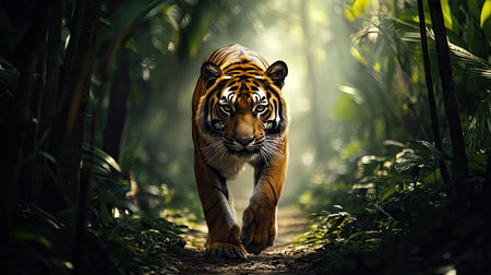 A Bengal tiger cautiously crossing a narrow jungle path, fully alert. Copy space availableの素材