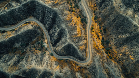 Top view of a serpentine road through mountainous terrain with dramatic elevation changes. Great for travel and exploration imageryの素材