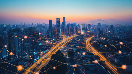 A smart city connected by a digital communication network, clear copy space, no people.の素材