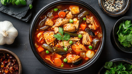 Top view of Korean chicken stew (dakdoritang) with vegetables and spicy sauce. Perfect for hearty meal ideasの素材