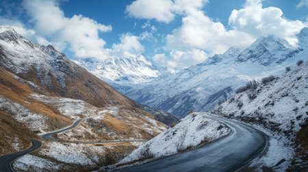 Scenic view of a serpentine road through high-altitude terrain with snow-capped peaks. Ideal for winter travel and outdoor contentの素材