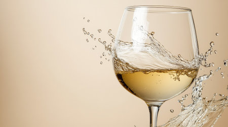 A splash of white wine in a glass, creating dynamic waves, ample copy space, no people.の素材
