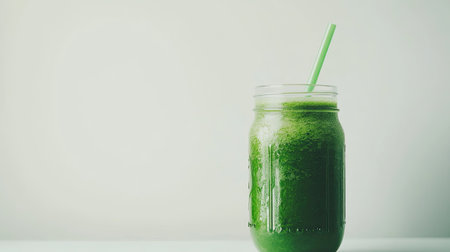 A fresh green smoothie in a mason jar with a straw, placed on a clean white background with copy spaceの素材