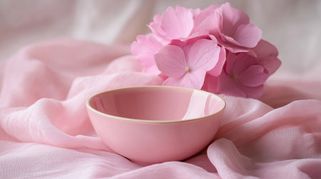 A pink bowl resting on a pink cloth with a pink flower in the background, showcasing a coordinated and stylish arrangement.の素材