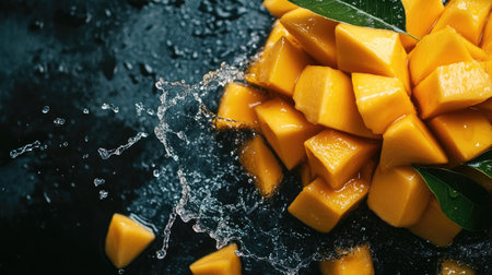 Juicy mango chunks with water splashes from a top view. Copy space on the right for brandingの素材