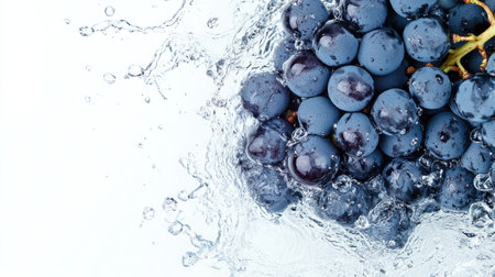 Top view of grapes with splashes of water. Ideal for adding text or logos on the left sideの素材