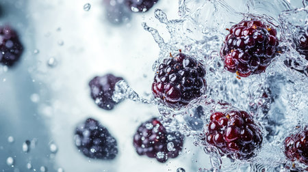 Juicy blackberries splashing in water from a top view. Copy space available on the rightの素材