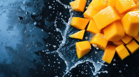 Fresh mango chunks with splashes of water, from a top view. Copy space on the left for your messageの素材
