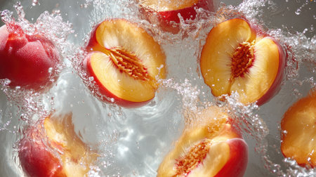 Sliced peaches splashing in water from a top view. Copy space available for text or brandingの素材