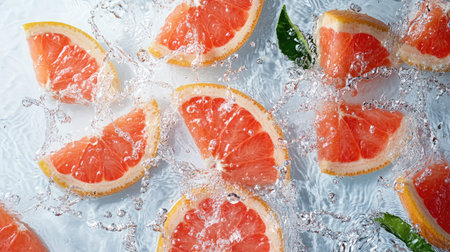 Grapefruit segments with water splashes from above, with copy space on the top for textの素材
