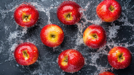 Juicy apples with water splashes, top view. Copy space at the bottom for your messageの素材