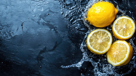 Freshly cut lemons with water splashes from above. Copy space available for your message on the topの素材