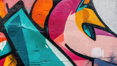Close-up of a graffiti-covered wall with a range of bright colors and intricate designs, reflecting urban artistry.の素材
