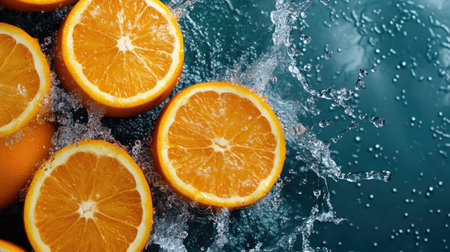 Top view of vibrant oranges with splashes of water. Ample copy space on the left for textの素材
