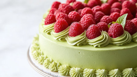 A delightful green cake with raspberries, capturing the contrast between the cake color and the fruita vibrant red.の素材