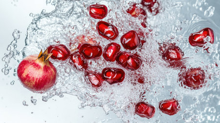 Top view of juicy pomegranate seeds splashing in water. Copy space at the bottom for textの素材